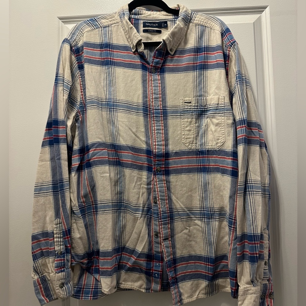 Nautica Men's Beige and Blue Plaid Shirt